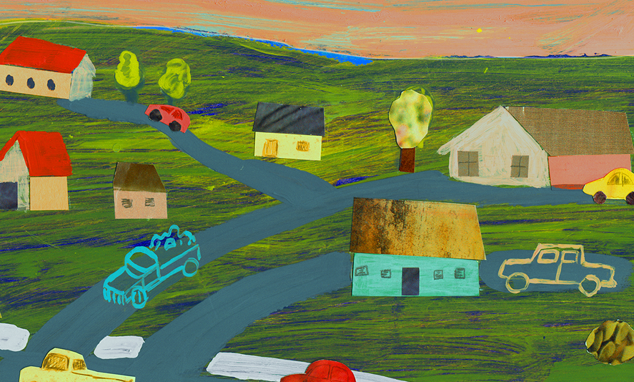 a painting of homes, a road, and cars in a kid like painting style.